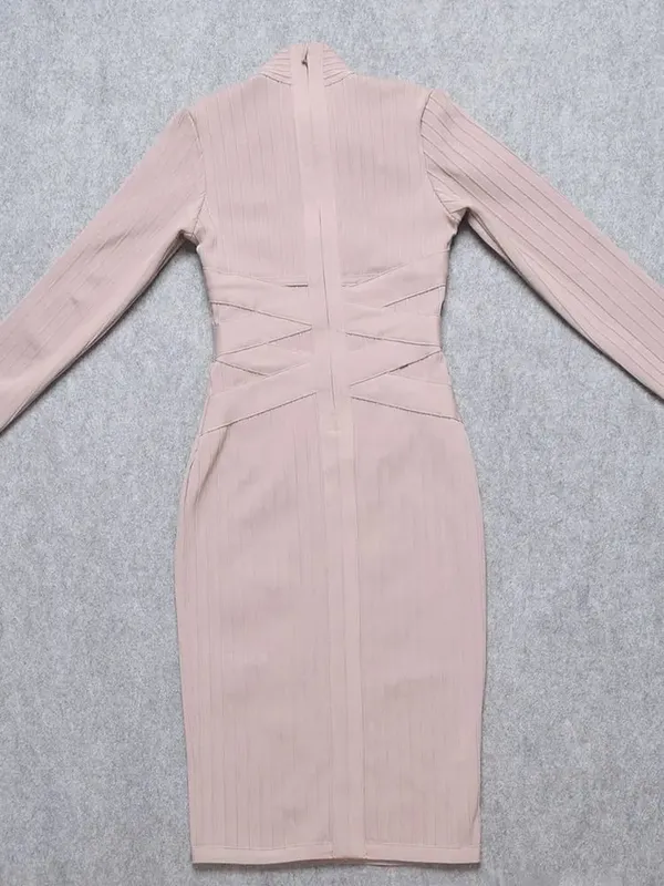 Sexy Red Bandage Dress 2023 Nude Turtleneck Long Sleeves Office Bodycon Dress Cross Criss Women Midi Vestidos Maxi XL — image 6