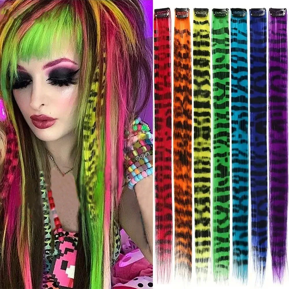 18' 7 Pcs Rainbow Long Straight Zebra Print Synthetic Feather Clip in Hair Extensions for Women Ideal Halloween Christmas — image 2