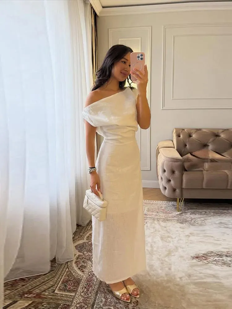 Vestidos maxi de linho fora do ombro feminino fino cintura-cinching hip-envoltório tornozelo comprimento vestido 2026 novas senhoras verão sólido outwear — image 4
