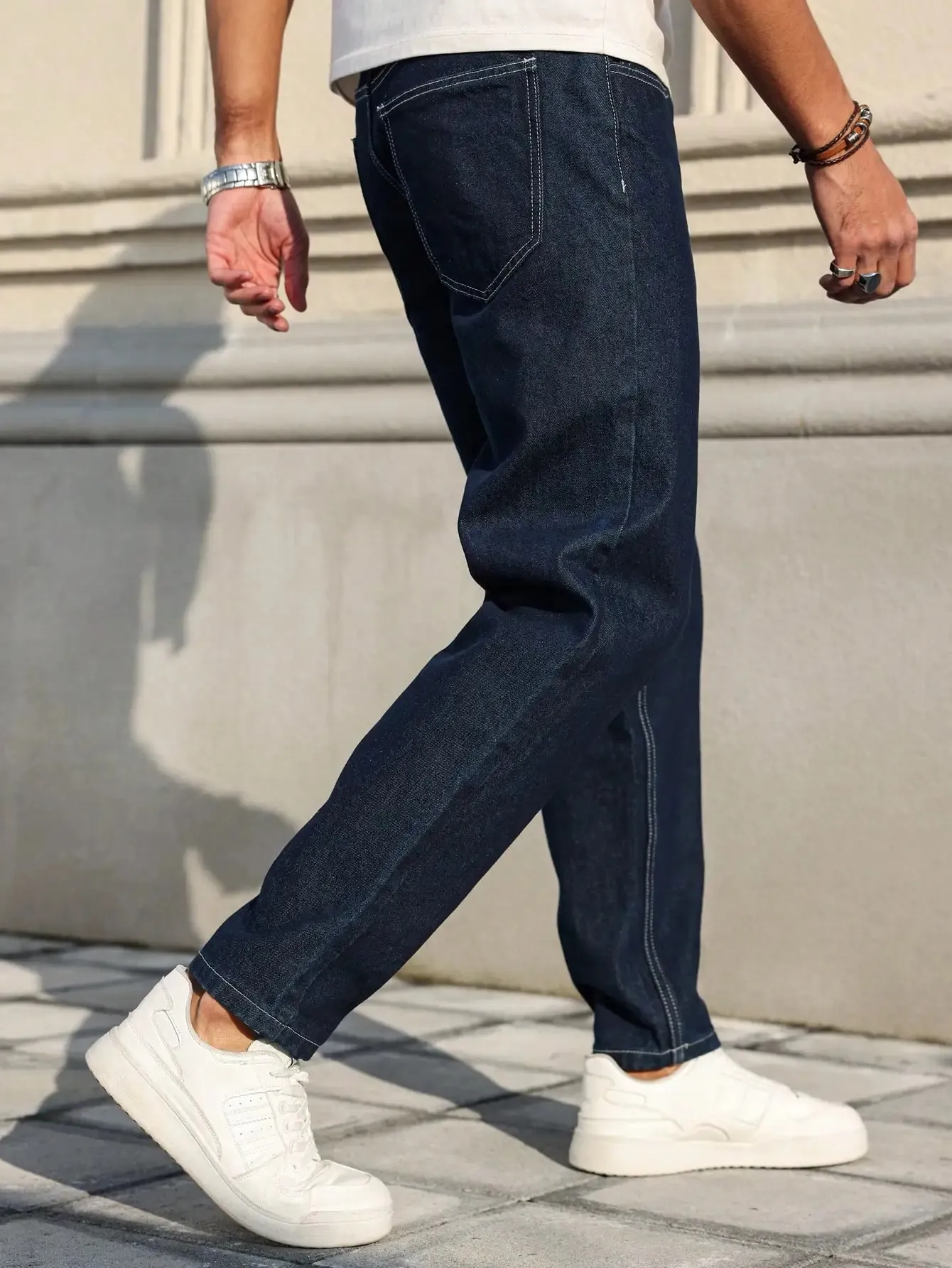 Men Raw Dark Blue Denim Jeans Contrast Stitching Loose Tapered Pants Vintage Non‑wash Straight Taper Trousers Streetwear