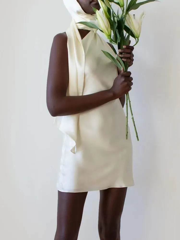 Vgh retalhos vestidos formais para mulheres gola halter fora do ombro sem mangas cintura alta sem costas cetim mini vestido estilo feminino — image 3