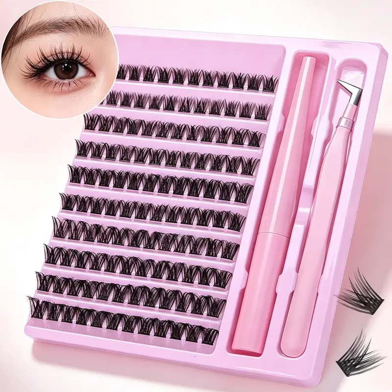 D Curl Cluster Lash Kit With Lash Bond Seal Glue & Tweezers DIY Home Lash Extensions Reusable Eye Makeup Set For Women