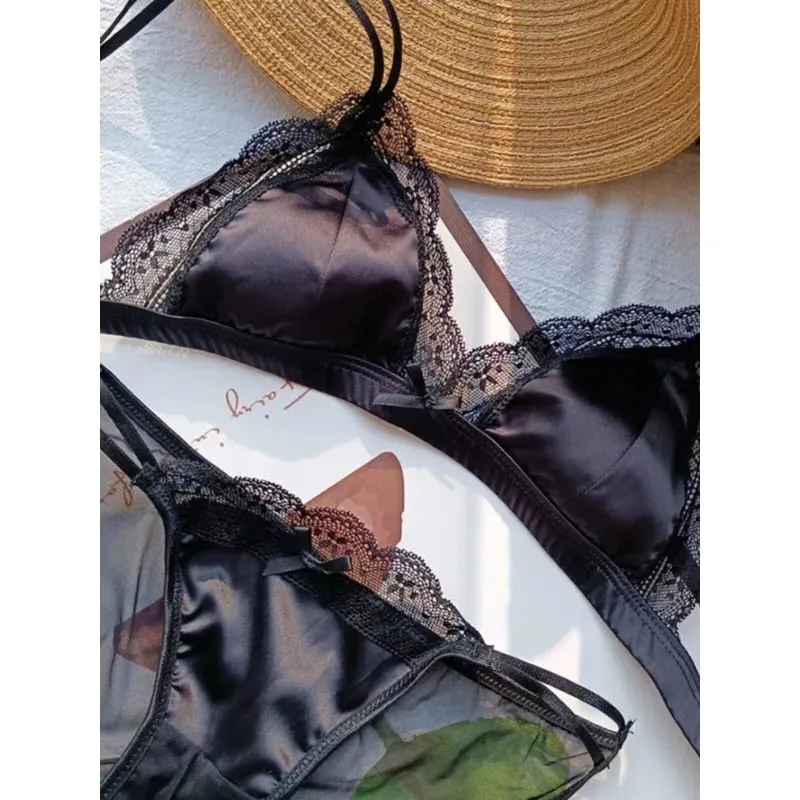 French Style Bralette No Underwire Sexy Lace Trim Small Cup Lingerie Cute 3-Piece Bra Set with Comfort Cup Shape Design S-xl — image 1