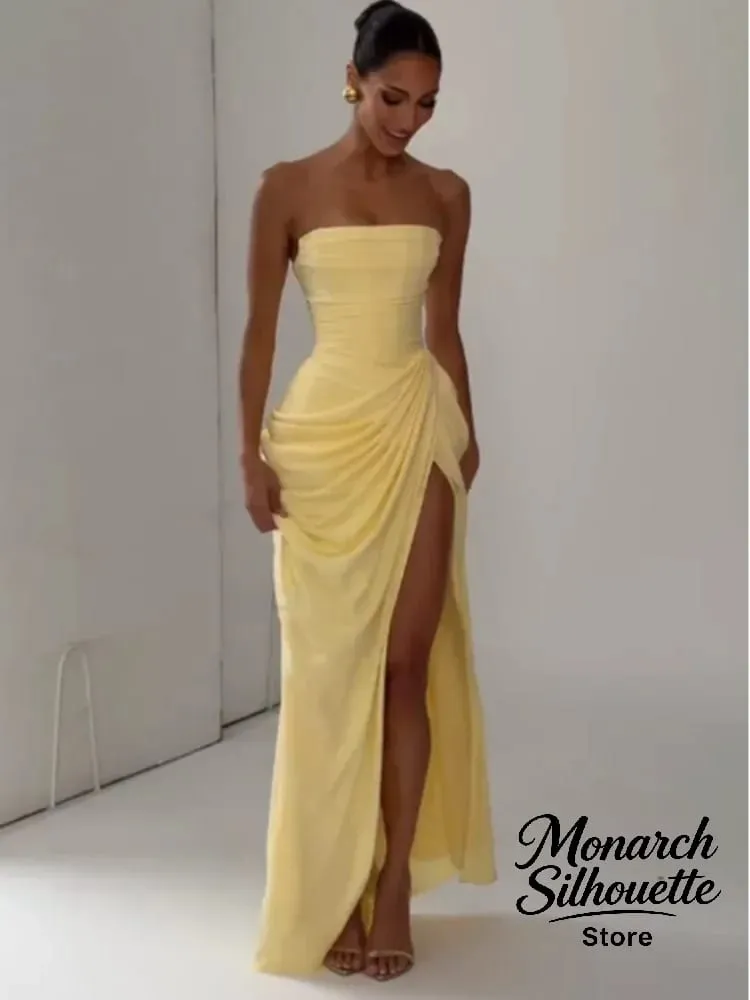 Elegante amarelo sem alças plissado vestido longo feminino chique sólido sem mangas cintura cinching split vestido 2026 senhora festa de noite robes — image 6