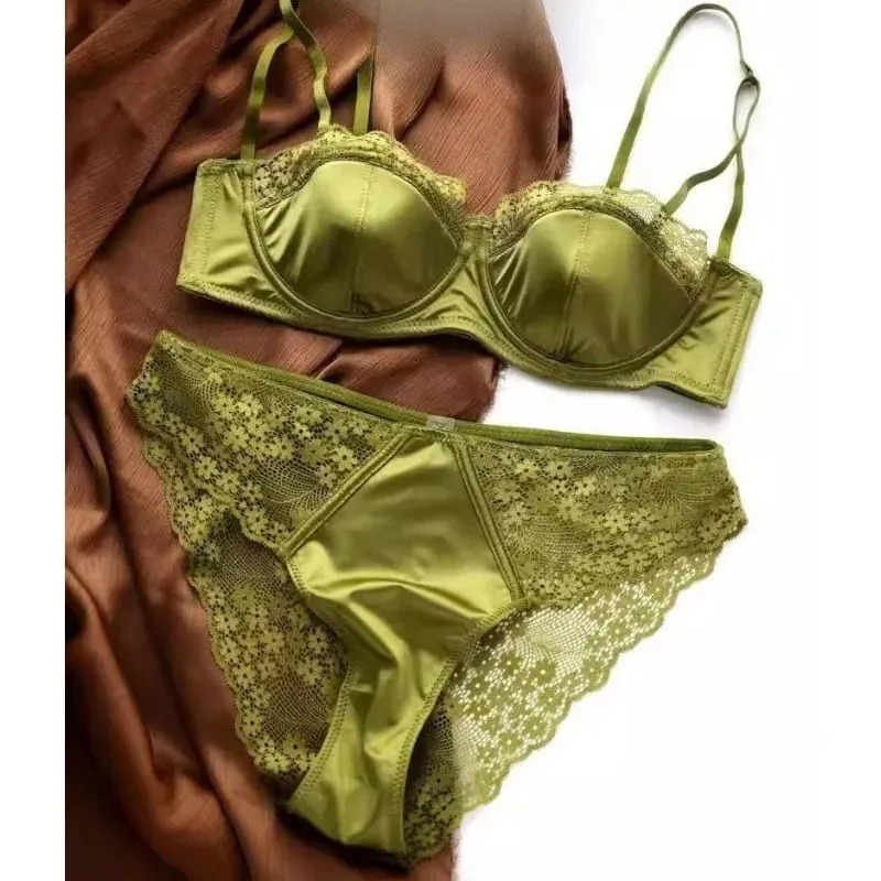 European -American sexy satin half cup comfortable upper support underwear set thin with steel ring green lace edge glossy bra — image 3