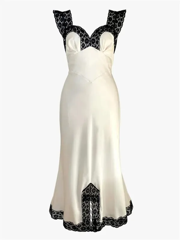 Tossy Fashion Satin Lace Long Dress Women V-Neck Patchwork Hollow Out Walang manggas na Lace-Up Dress Panggabing Pambabae Autumn Maxi Dress