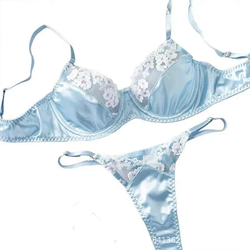 2 Piece Blue Satin Sexy Lingerie Set Women French Coquette Floral Embroidery Sheer Mesh Underwire No Padding Push Up Bra Thong — image 1