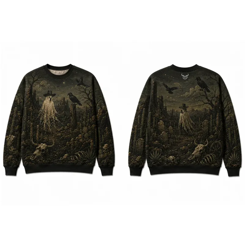 Vintage Dark Western Ghost Print Sweatshirt Desert Cactus Graphic Pullover Long Sleeve Tops Halloween Fashion Casual Streetwear — image 2