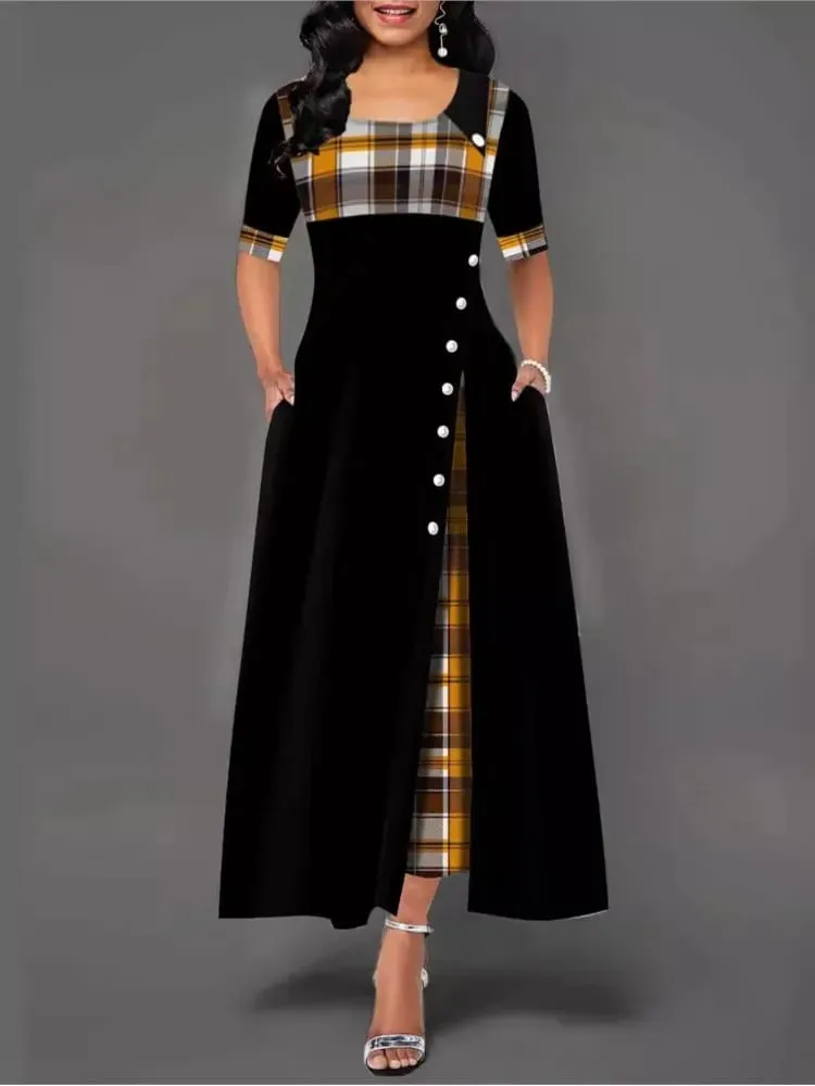 Pambabaeng Irregular Lattice Patchwork Long Dresses Vintage Buttons O Neck Half Sleeves Casual Lady Commuting Dress Fashion — image 2