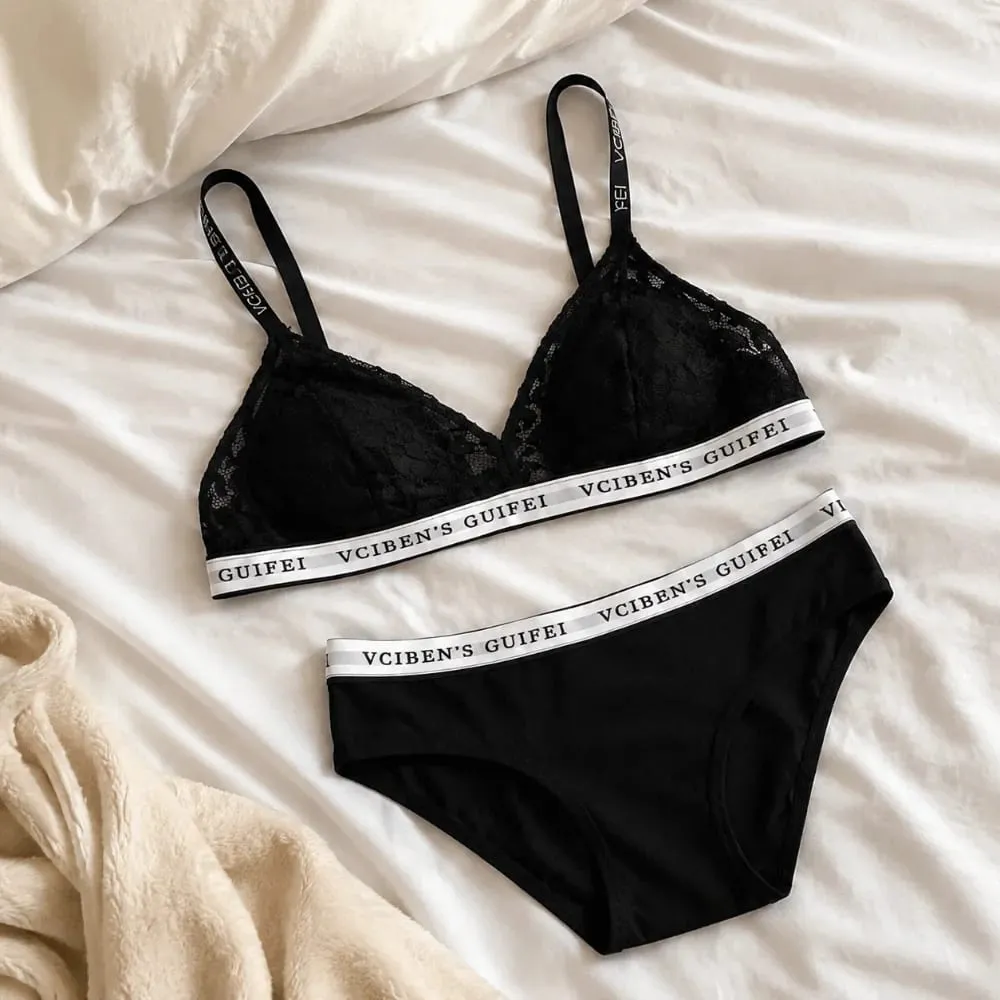 Comfortable Letter Design Lingerie Set Deep V Lace Women Underwear Suit Wireless Color Blocking Bra Panties Set Gift — image 3