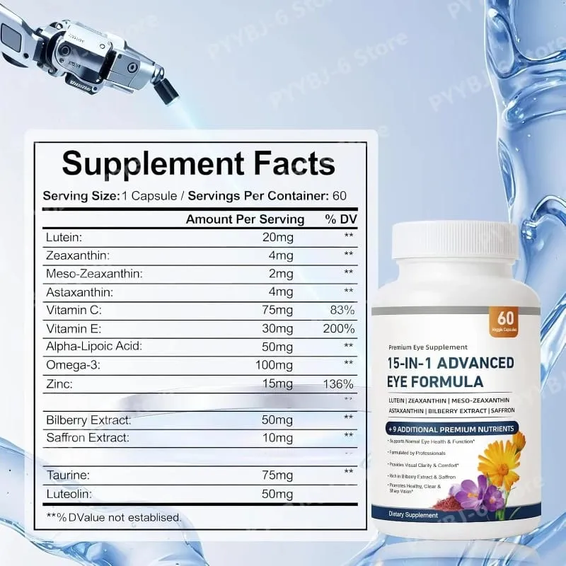 Fórmula avançada para os olhos 15 em 1, luteína, zeaxantina, extrato de mirtilo, vitamina C e E, apoia a saúde ocular, 60 cápsulas vegetais para adultos — image 7