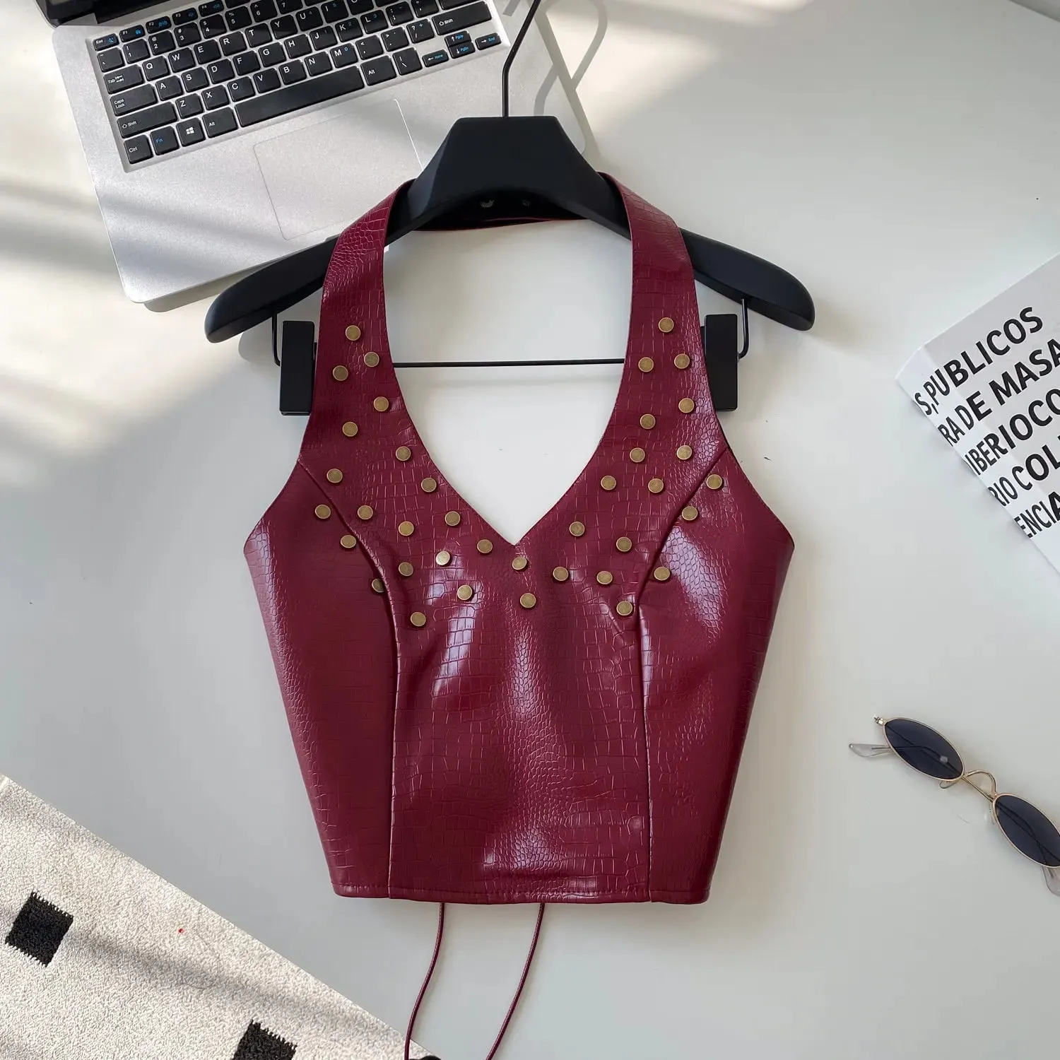 Halter Rivet Hotsweet Tops Women Lace Up Slim Texture Summer Clubwear Tank Top PU Leather Backless Sensual Retro Camis — image 8