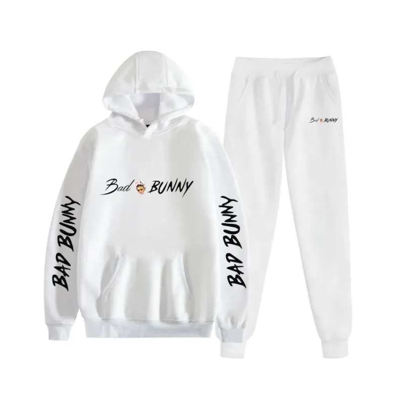Harajuku Bekväm bad bunny Tryck Sweatshirt Träningsbyxor Kostym Dam Luvtröjor+ Byxor Kostym Pojkar/Flickor 2-delat set Kläder — image 3