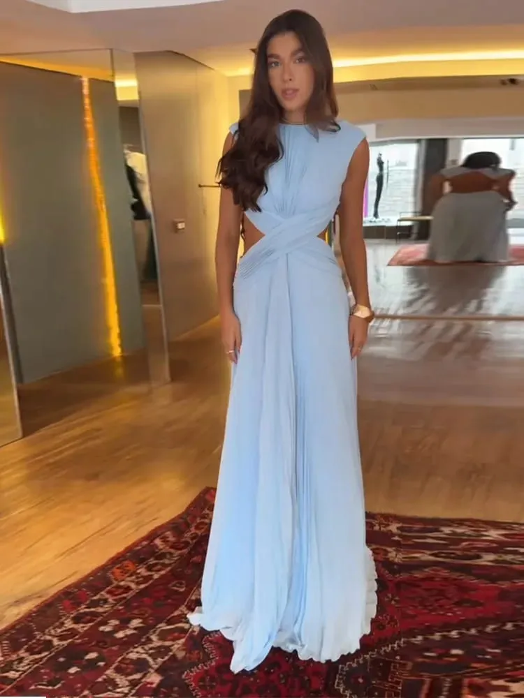 Sexy Hollow Out Long Party Dress Women Pleated Sleeveless Backless A-line Beach Dresses 2026 Summer Lady Chic Solid Holiday Robe — image 6