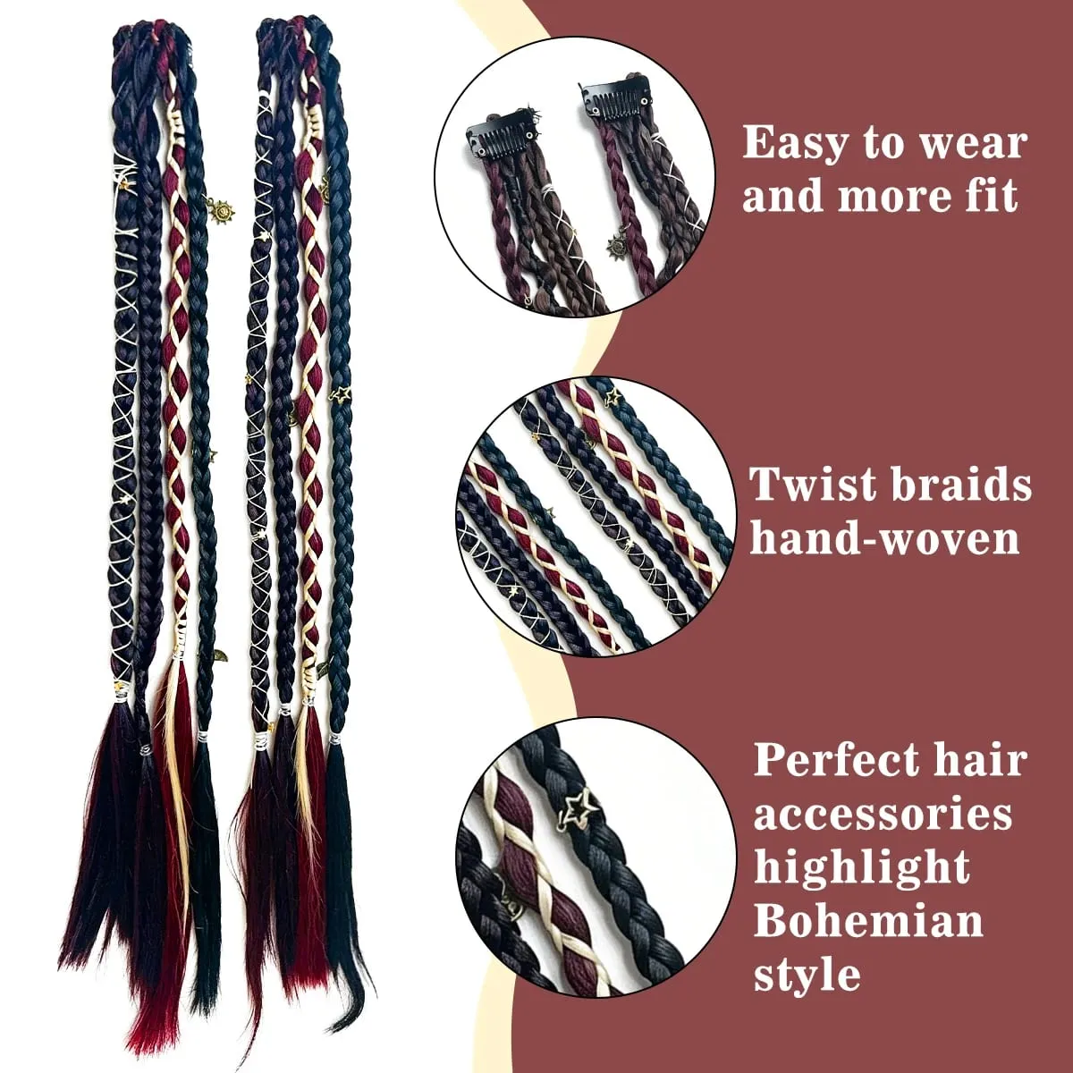 Box Braids Hair Extensions Pre-Braided Synthetic Colored Twist Braids with Hair Accessories for Women Hip Hop Punk Festival — image 4