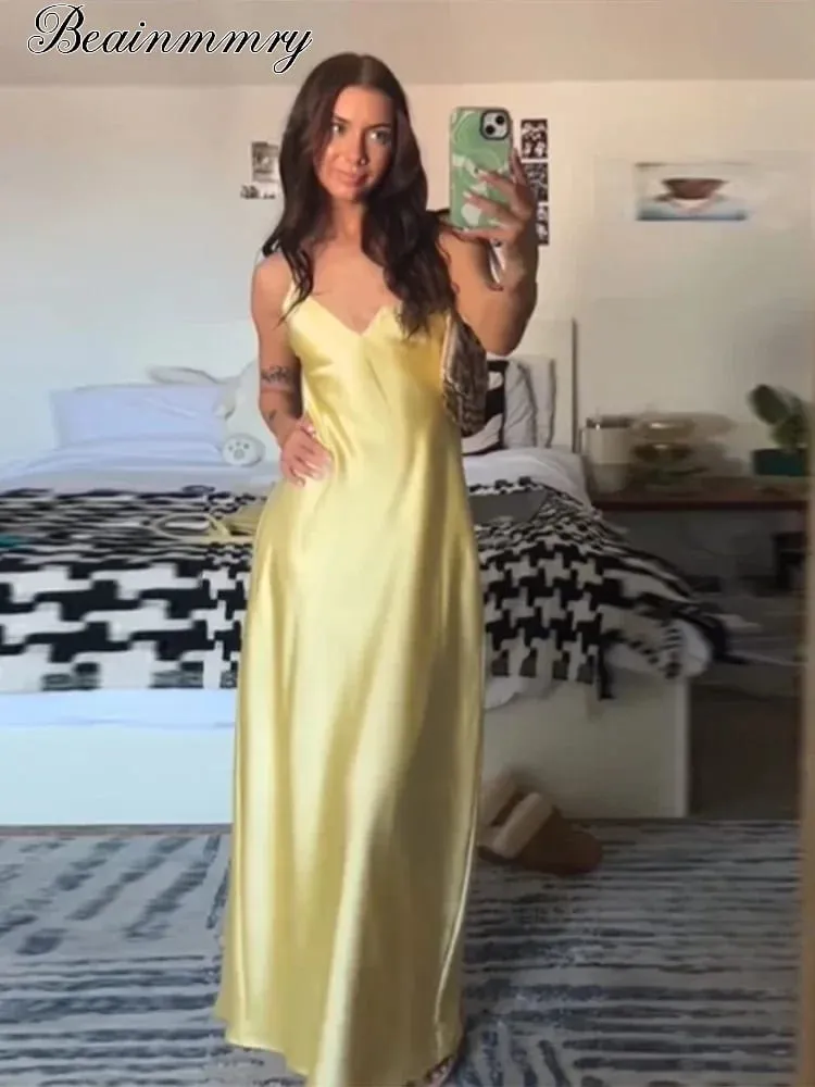Solid Backless Stain Maxi Dress Pambabaeng Casual Spaghetti Strap V-neck High Waist Dresses 2026 Lady Summer Vacation Party Gowns — image 2