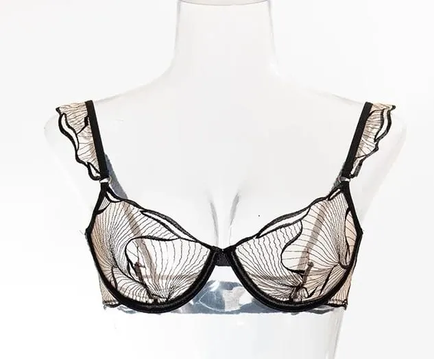 セクシーな Women French Hollow Lace Bra Set Floral Embroidery Ultra Thin Cup Minimizer Brassiere Stretchy Daily Lingerie 32 to 38