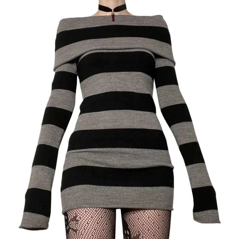 Mulheres mini bodycon vestido listra barco-pescoço manga longa vestido curto primavera outono envolto hip vestido de festa