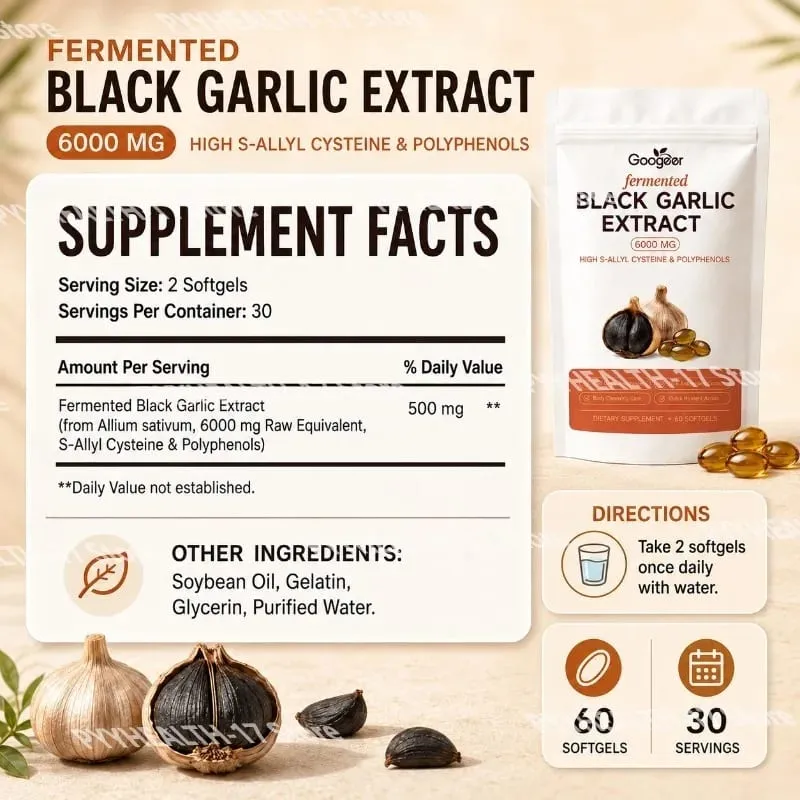 Googeer Fermented Black Garlic Extract 6000MG Softgels Antioxidant Immune Support S-Allyl Cysteine Men Women 60 Softgels 60 Days