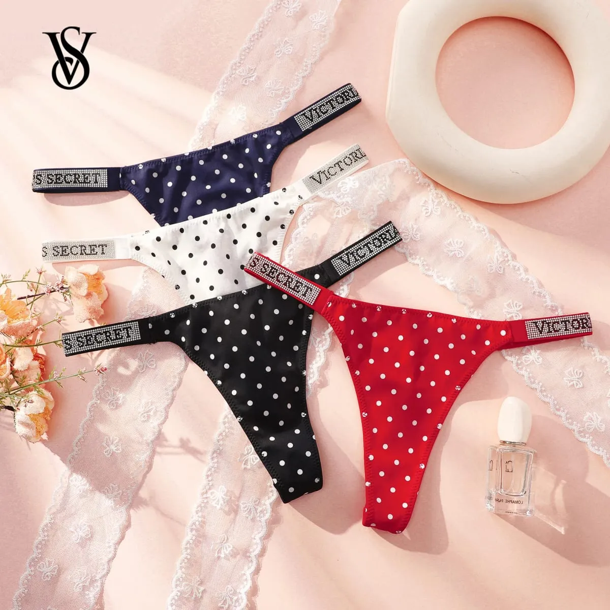 VS Underwear Thong Hipster Seamless Women Polka Dot Lace Bikini Cheeky Panties Set Victoria Secret Breathable Cotton Hipster — image 1