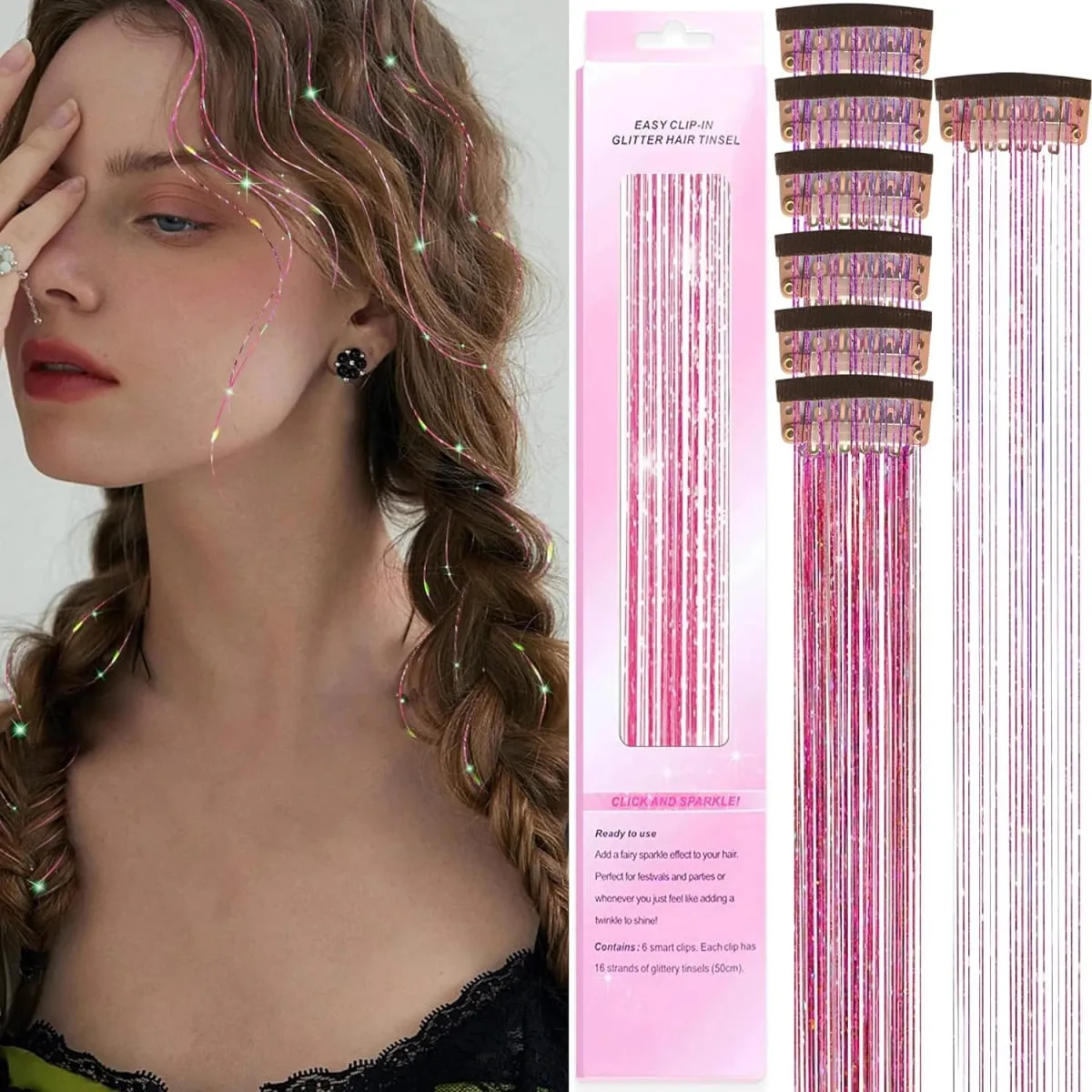 6Pcs Synthetic Hair Tinsel Clip in 20Inch Glitter Tinsel Hair Clip in Hair Tinsel Kit Heat Resistant Shiny Sparkle Fairy Hair — image 2