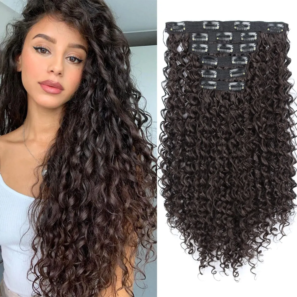 Synthetic 26Inch Kinky Curly 16 Clip In Hair Extensions Black Brown Full Head Fake Pieces Kinky Curly Hair Extensions — image 4