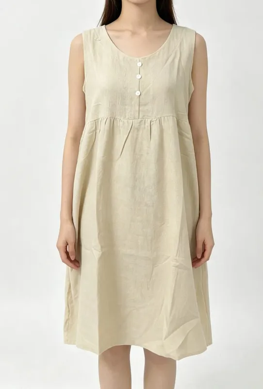 2026 New Women's Cotton Linen Sleeveless Dress Casual Button Down Loose Midi Dresses for Summer Women's Casual Dresses