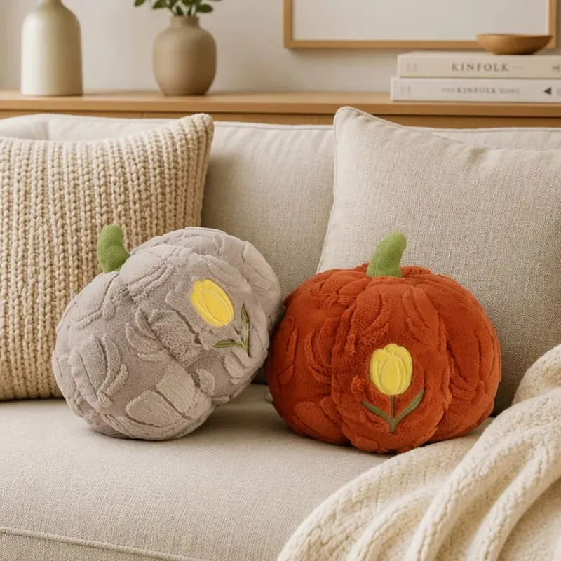 Cute Pumpkin Throw Pillow With Tulip Embroidery Soft Plush Pumpkin Shaped Cushion Pillow For Sofa Living Room Hallowmas Gifts — image 3