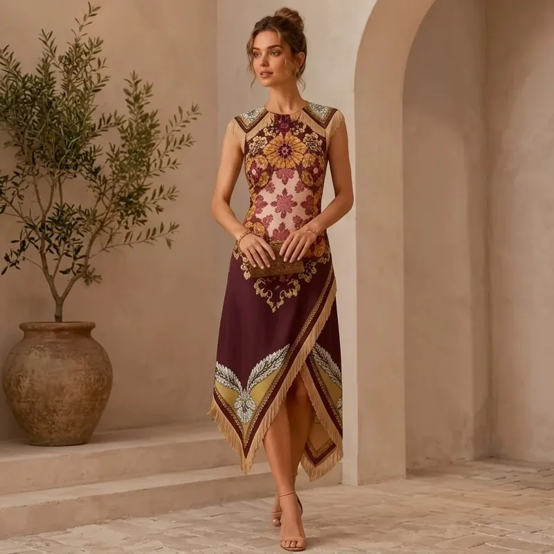 Vintage Bohemian Scarf Print Midi Dress Women Elegant Floral Sleeveless Wrap Dress Summer Asymmetrical Handkerchief Hem Fringe — image 3