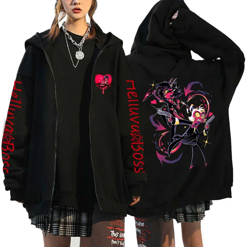 Helluva Boss Print Hooded Zipper Lalaki Babae Kaswal Fashion Taglagas Taglamig Warm Vintage Long Sleeve Tops Fleece Zip-Up Sweatshirt — image 11