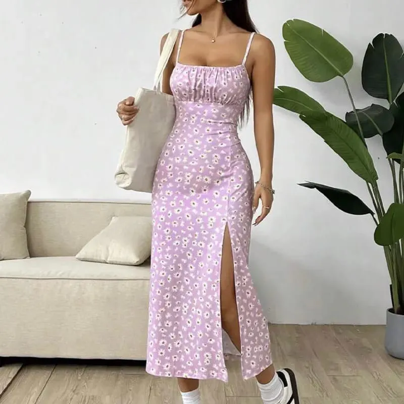 Women's Casual Dresses Daisy Floral Print Spaghetti Strap Midi Dress Square Neck Bodycon Split Summer Dress Beach Party Sundress