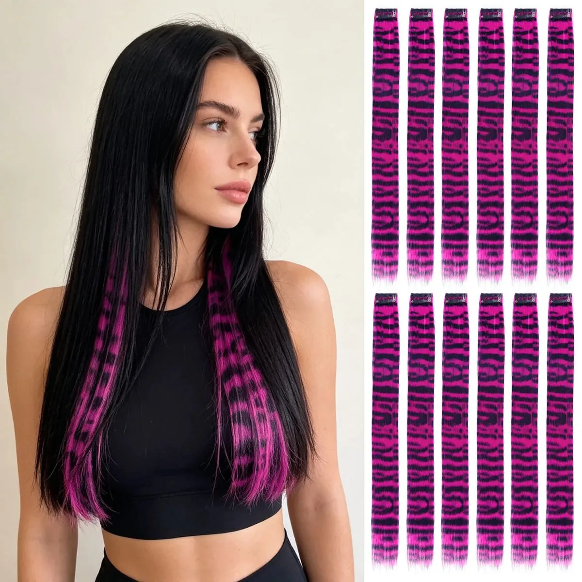Synthetic clip in colorful striped hair Clip in feather hair extensions 18inch for women ladies daily party holiday