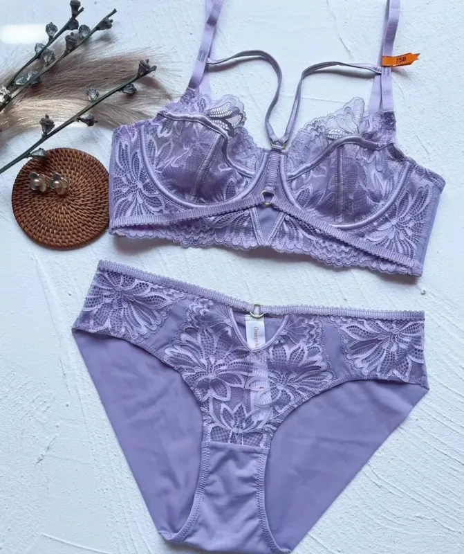 mataas na kalidad na mga sexy lace na pambabaeng bra at maikling two piece set push up lace B C D cup wire summer lingerie underwear purple green — image 7