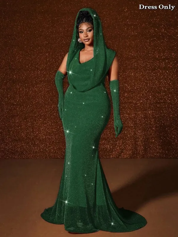 Plus size chapéu sexy cintura quente ouro peixe cauda balanço longo cor sólida fishtail pacote fino hip vestido com capuz