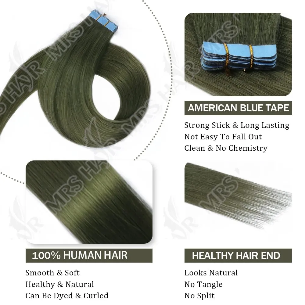 Mini Tape In Hair Extensions Skin Weft Machine-Remy Natural Tape in Extensions Pea Green 10pcs/pack 12-20 inch