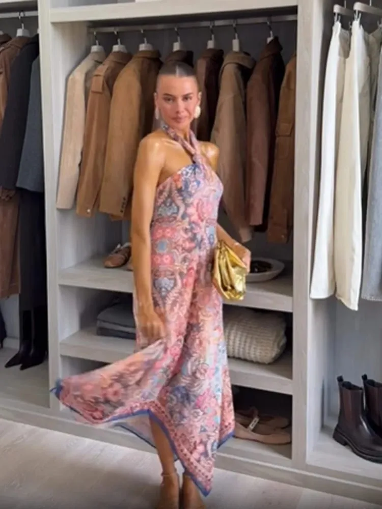 Floral Print Halter Dress Women Chic V-neck Sleeveless Backless Waist-cinching Maxi Dresses 2026 New Summer Lady Vacation Robes — image 7