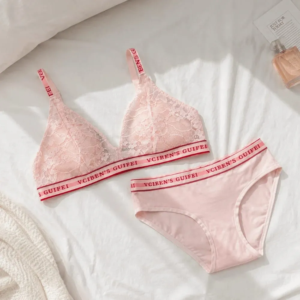 Fashion Letter Design Lingerie Set Deep V Wireless Women Underwear Suit Lace Color Blocking Bra Panties Set Gift — image 4