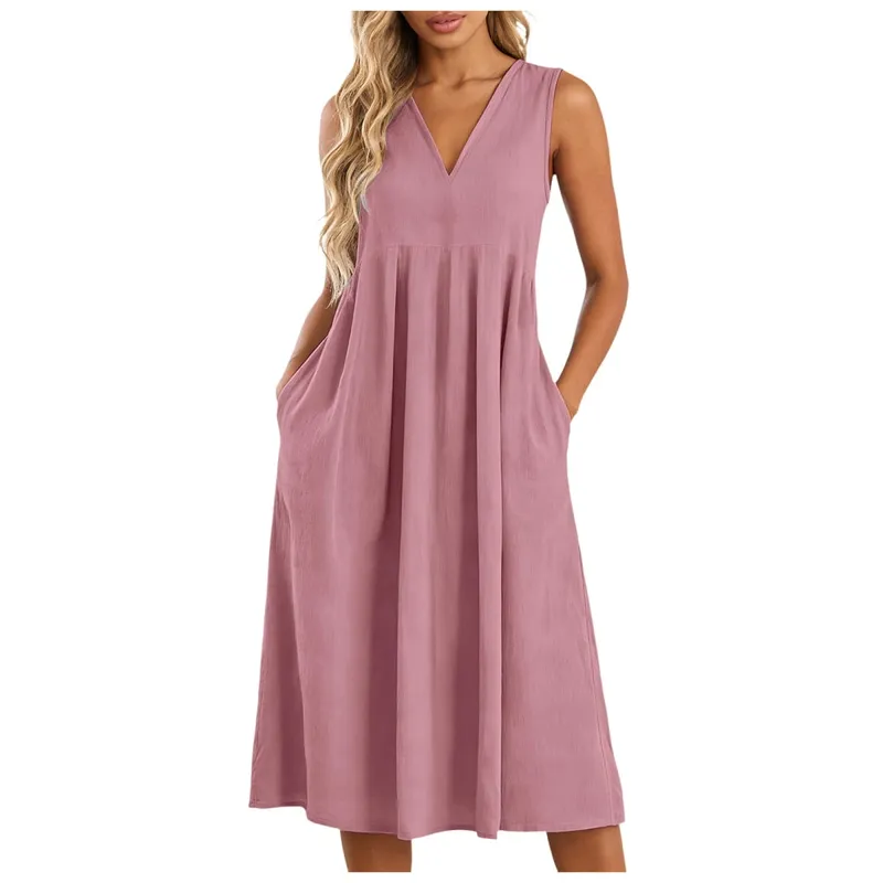 Women Sleeveless Linen Midi Dress Loose V Neck Summer A Line Sundress Lightweight Casual Swing Tank Dresses With Side Pockets