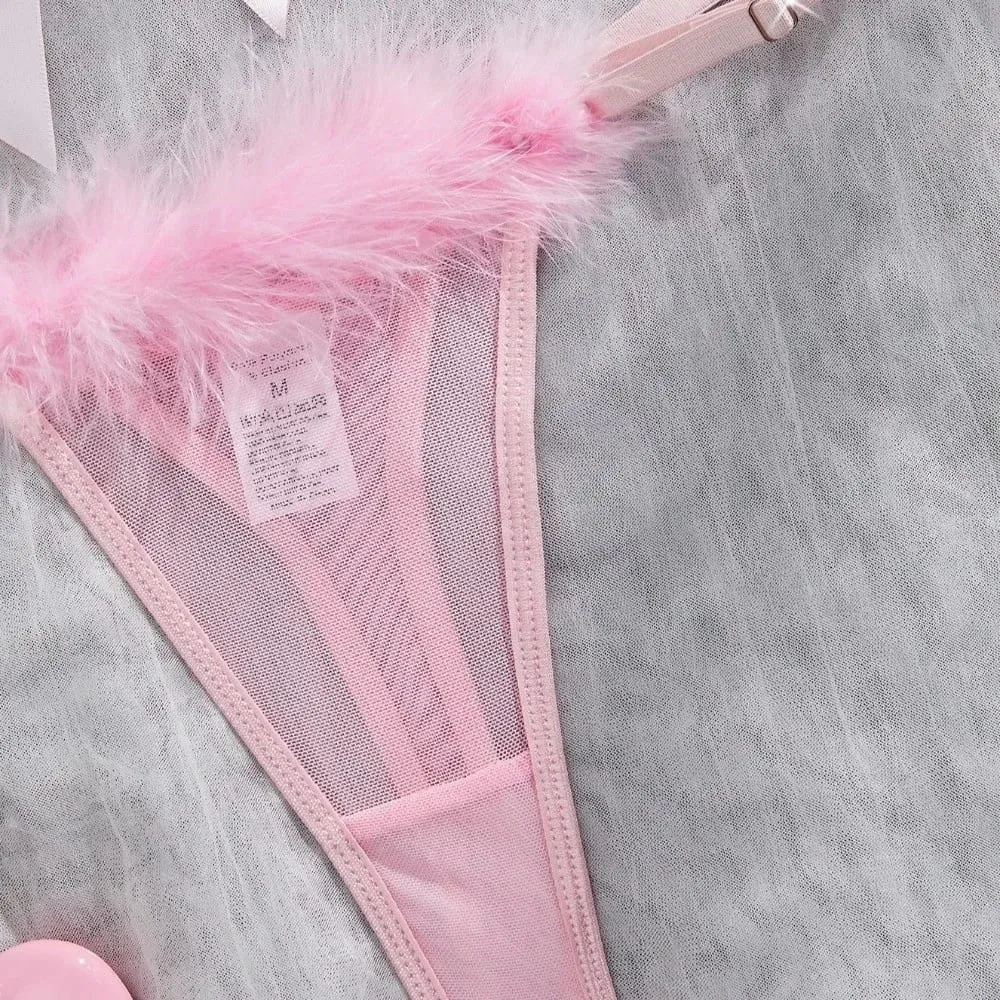 Furry Women's Underwear Wireless Bow Decor Lingerie Set Mesh Transparent Romantic Intimate Bra Panties Suit Valentine's Day — image 3