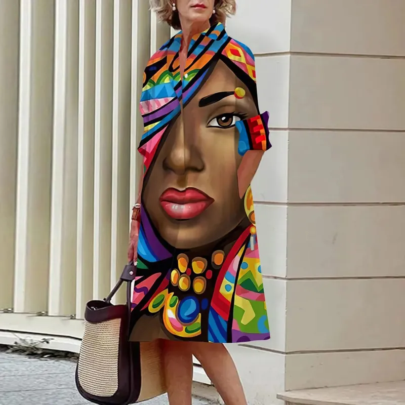 Verão novos vestidos femininos moda personagem arte padrão solto tamanho grande casual temperamento commuter irregular saia longa topos — image 15