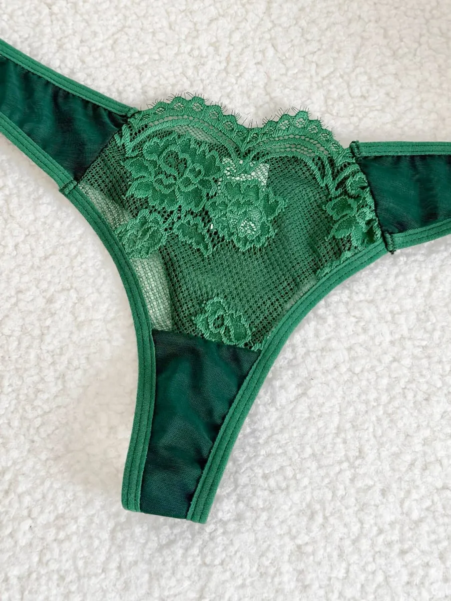 Sexy vintage verde cílios renda lingerie conjunto senhoras pura malha underwire sutiã tanga roupa de noite 2 peças s‑xl — image 5