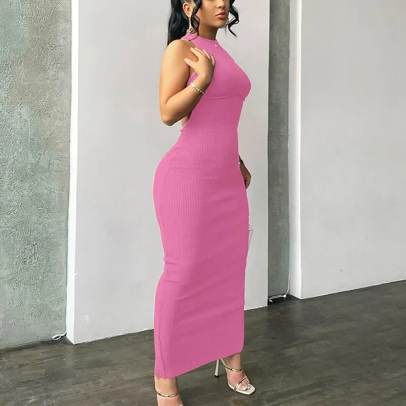 Hugcitar Ribbed Solid Hollow Out Backless Sleeveless Sexy Slit Mini Dress Bodycon 2025 Spring Women Outfits Elegant Party Y2K — image 13