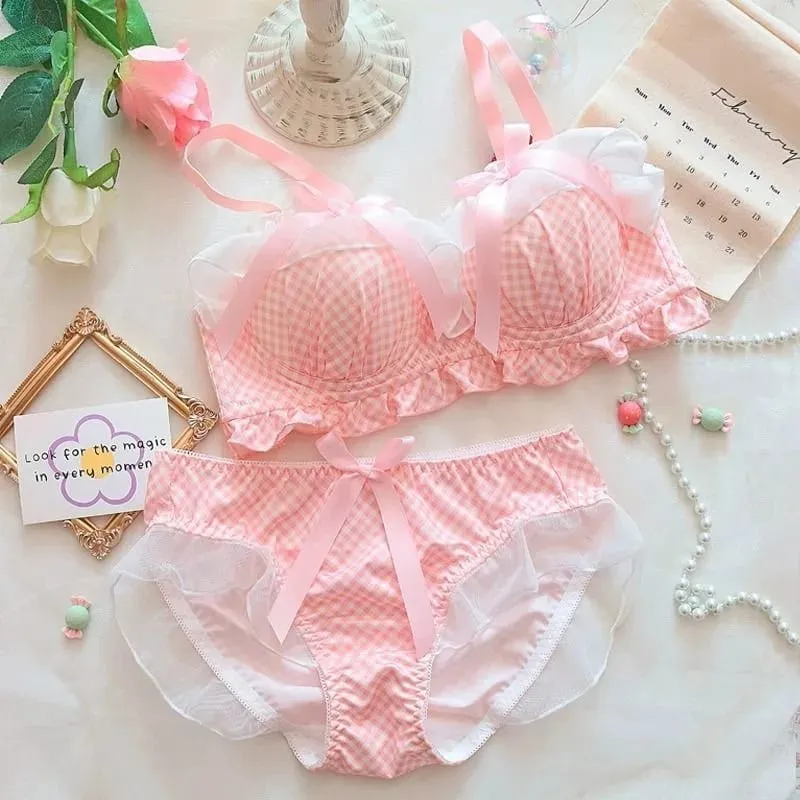 Lolita Underwear Bra Set Romantic Small Breast Sweet Girl Small Chest Cosplay Lingerie Bow Bra and Panty Set Sexy Underwear 2 P