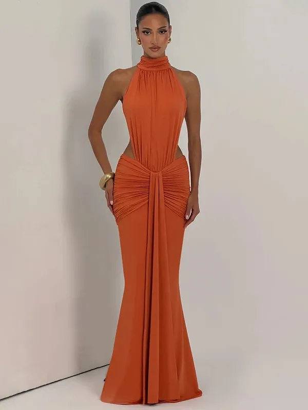 Mozision Turtleneck Backless Sexy Maxi Dress Women Gown Elegant Off-shoulder Sleeveless Ruched Bodycon Club Party Long Dress — image 8