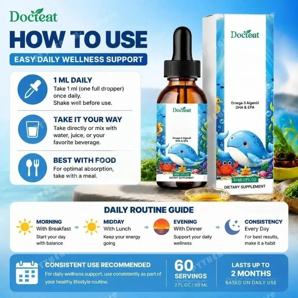 Docteat Plant Based Omega-3 Algae Oil DHA EPA Liquid Drops Kids Brain Health Vegan Non-GMO Daily Nutrition Orange 60 Servings