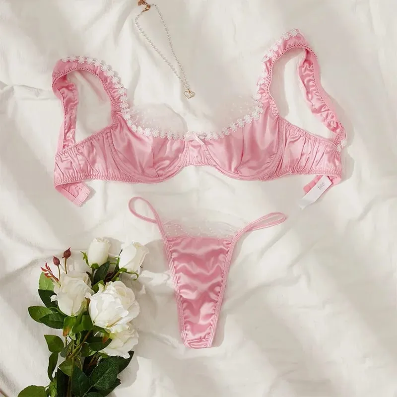 Sweet Pink Satin Lingerie Set Lace Floral Bra Luxury Underwear Bridal Intimate Lingerie Polka Dot Mesh Splicing Sexy Lingerie — image 2
