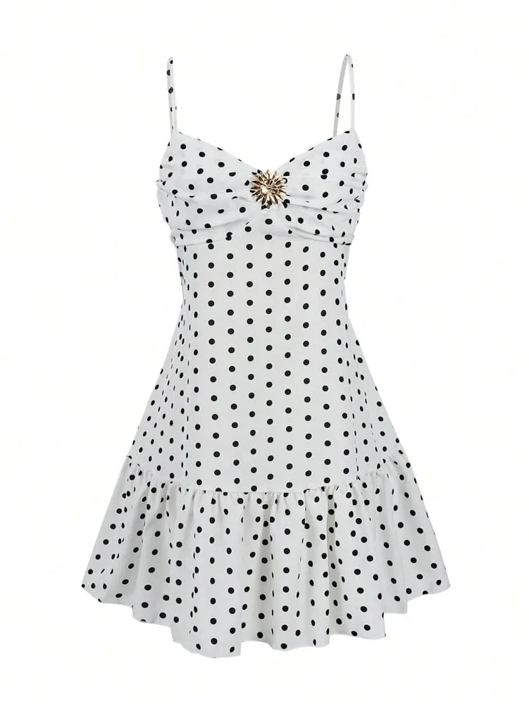 2026 Summer New Women's Polka Dot Mini Dress Sexy Spaghetti Strap Ruffle Hem Cami Dress Vacation Beach Party Dress — image 2