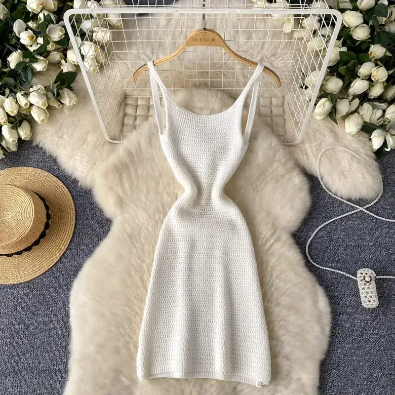Summer Women Fashion Sexy Sleeveless Sundress Off Shoulder Knitted Strap Dress Hollow Out Backless Solid Color Wrap Mini Dress