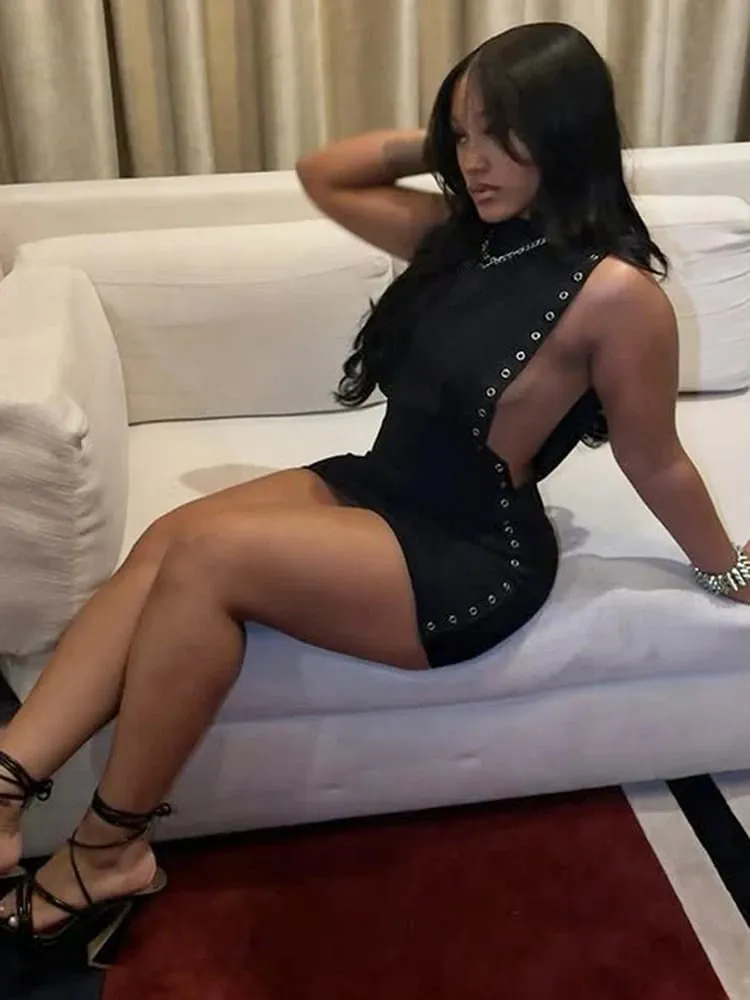 Nibber pêssego hip mini vestido mulher o-pescoço sem mangas lado oco design anéis de metal decoração magro meia-noite clube festa bodycon — image 4