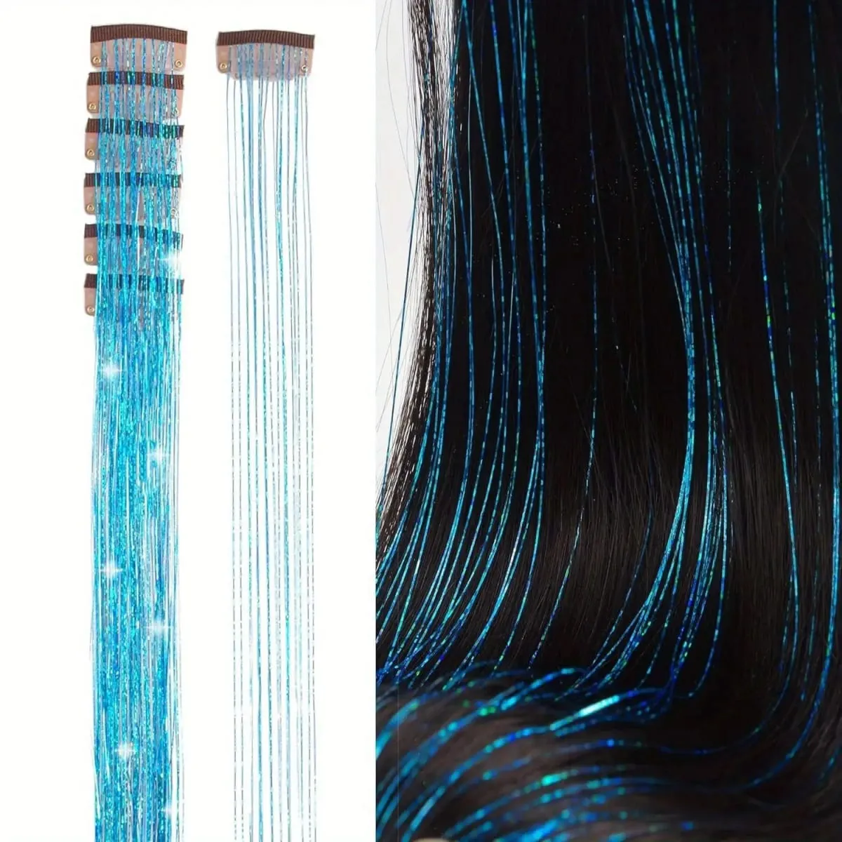 6Pcs Synthetic Hair Tinsel Clip in 20Inch Glitter Tinsel Hair Clip in Hair Tinsel Kit Heat Resistant Shiny Sparkle Fairy Hair — image 10
